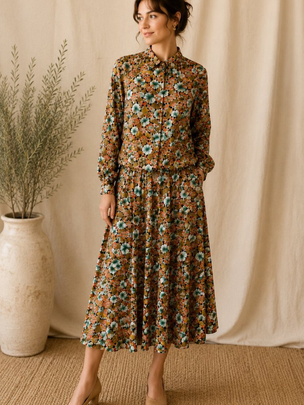 🌼 Vintage Handmade Floral Matching Skirt Set 🌼M